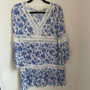 Solitaire Swim Blue White Floral Cover-Up Crochet Trim